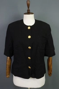Vintage En Plus Givenchy Black 3/4 Sleeve Lined Linen Blazer Jacket Sz 10 - Picture 1 of 19