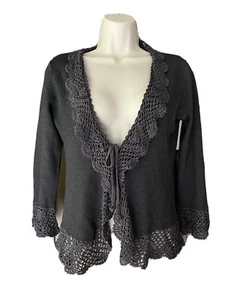 Vintage Joseph A. Paris Boxy Crop Grey Knit Crochet Cardigan Shimmery Sweater S - Picture 1 of 13