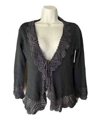 Vintage Joseph A. Paris Boxy Crop Grey Knit Crochet Cardigan Shimmery Sweater S - Image 1 of 4