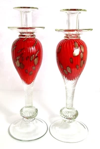 Italian Art Glass Tall Candlesticks Aventurine Red 14" Hand blown taper Set Pair - Picture 1 of 12
