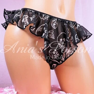 Chiffon HALLOWEEN Panties Skulls spooky Black Exotic Brazilian Cut Flutter sides - Picture 1 of 5