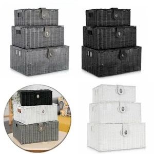 SET OF 3 RESIN WOVEN WICKER XMAS HAMPER BASKET STORAGE BOX WITH LID & LOCK GIFT - Picture 1 of 23