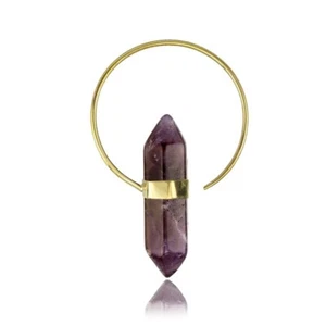 PAIR BRASS 16G EARRINGS AMETHYST CRYSTAL EAR TRIBAL PLUGS GAUGES HOOPS - Picture 1 of 4