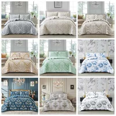 Printed 3 Piece Quilted Bedspread Comforter bed Throw Bedding and Pillow Sham - Image 1 of 3