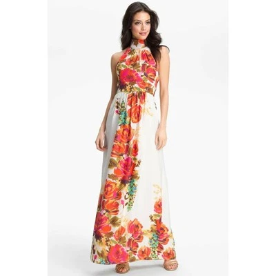 Vestido ELIZA J Halter 14 Maxi Playa Boho Floral Tropical Colorido Cuello Alto Corbata Foto 1 de 4