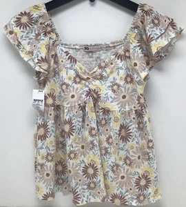 SO Goods For Life Juniors Blouse Top Beige & Yellow Flowers Size Medium - Picture 1 of 3