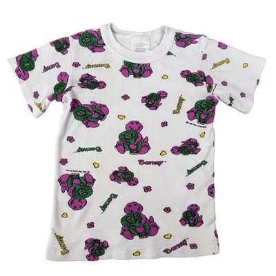 Vtg 90s Barney Shirt Girls 6X White All Over Print Puple Dinosaur USA Baby Bop - Image 1 of 4