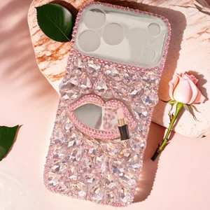 Bling Handmade Pink Lip Mirror Phone Cover For iPhone Air /17 PRO MAX/17 PRO/17 - Picture 1 of 8