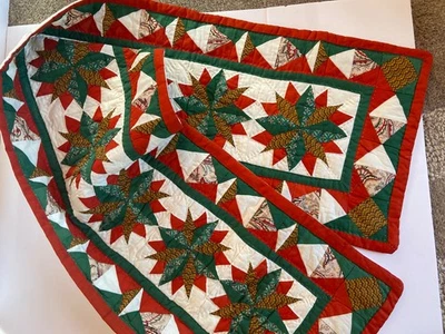 Corredor de mesa acolchado Navidad hecho a mano 70" largo rojo verde starburst Foto 1 de 4