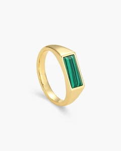 Natural Malachite Gemstone Mens Ring 925Sterling Silver Gold Plated Signet Ring - Picture 1 of 5