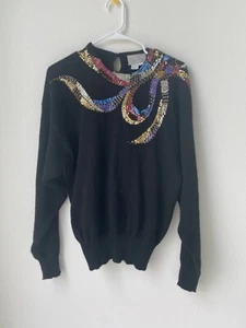 Vintage Joyce Regency Womens Sweater Black Multicolor Beaded Sequins Size L - Picture 1 of 7