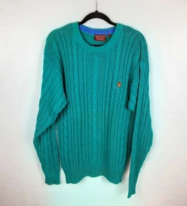 VTG 90s Chaps Ralph Lauren Ramie Cotton Cable Knit Teal Sweater Horse Logo Sz M - Picture 1 of 5