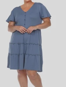 White Mark Women's Blue Short Sleeve V-Neck Tiered Midi Dress Plus Size 2XL - Picture 1 of 2