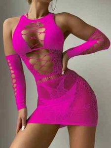 New! Hot Pink Hollow Out Fishnet Cover Up Bodycon Dress With 1 pair Oversleeves - Picture 1 of 21