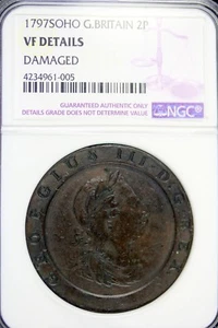 1797 - NGC VF DETAILS (DAMAGED) SOHO GREAT BRITAIN 2 PENCE!! #B16384 - Picture 1 of 2