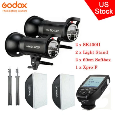 US 2XGodox SK400II Studio Strobe Flash 60*60cm Softbox Stand Xpro-F Kit For Fuji - Image 1 of 4