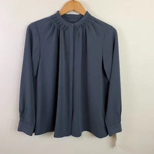 Vis Gathered Smocked Stand Collar Wide Shirt S M Gray Long Sleeve Blouse - Picture 1 of 9