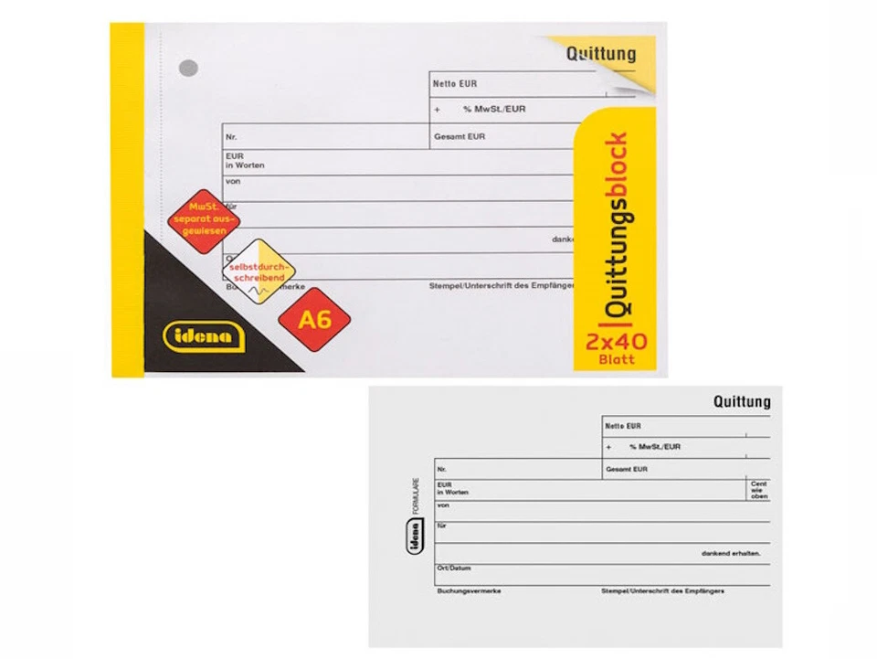 2 Quittungsblöcke A6 Quer 2x40 Blatt mit MwSt Quittung selbstdurchschreibend - Bild 1 von 1