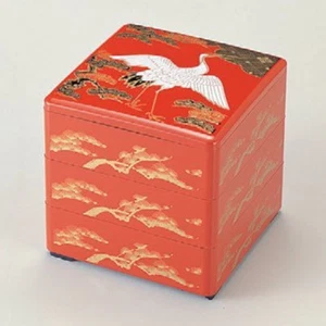 Bento, Lunch box, Jubako bento box, vermillion, gold decoration, crane :Lacquer - Picture 1 of 1