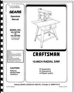 Sears Craftsman  Radial Arm Saw Manual No.113.197150 - Picture 1 of 1