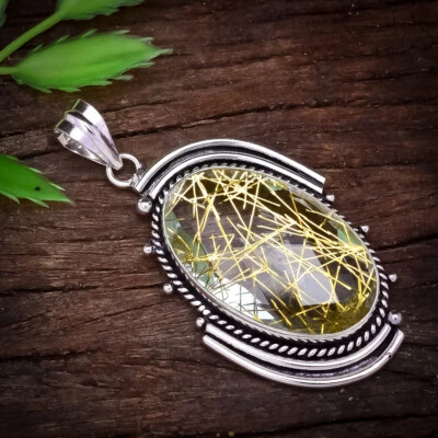 Pendente In Argento Sterling 925 Con Pietra Preziosa Di Quarzo Rutilato Dorato - Immagine 1 di 4