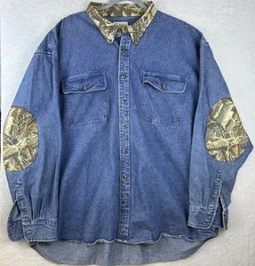 Cabelas Denim Shirt 3XLT Button Up Long Sleeve Blue Elbow Patches Workwear Camo - Picture 1 of 7