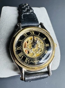Vintage Fossil SK-5121 Skelettuhr Japan Quarz schwarz gold geflochtenes Band wie abgebildet - Bild 1 von 7