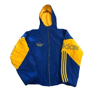 VTG 90'S ADIDAS TREFOIL PUFFER JACKET COAT BLUE YELLOW FULL ZIP SZ S MENS H17 - Picture 1 of 5