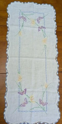 Vintage Butterflies Linen Cross Stitch Embroidery Crochet Table Runner 16x38" - Image 1 of 4