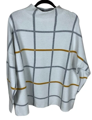 Women's Tahari White Gray Yellow Check Long Sleeve Mock Neck Sweater Size 2X Mod - Image 1 of 4