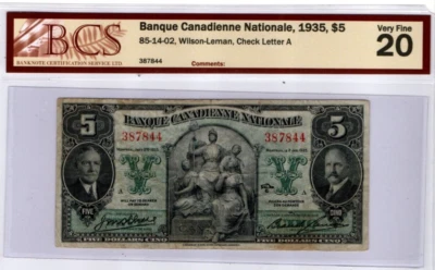 1935 $5 BANQUE CANADIENNE NATIONALE - CERTIFIED BCS VF 20 Foto 1 de 2