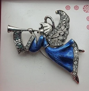 NOS Weihnachten silberfarbene Emaille Engel Brosche Anstecknadel in Box 2" - Bild 1 von 4