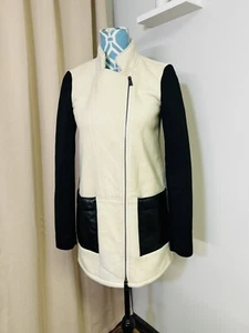 Tibi Moto Jacket Colorblock Career Zip Up Zipper Sleeve Cream/Black Sz 0 - Picture 1 of 8