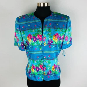 Adriana Papell Bold Colored Floral Stripe Button Down Collarless Women's Top 8 - Picture 1 of 11