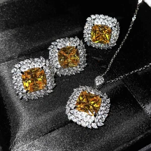 New Jewelry Set 3pc Square Gold Citrine Gems Women Silver Necklace Earring Ring - Bild 1 von 6