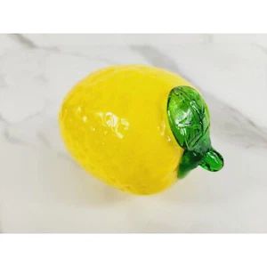 Art Glass Hand Blow Yellow Lemon w/ Green Leaf Vegetable 4" Home Decor 90s Vtg - Picture 1 of 13