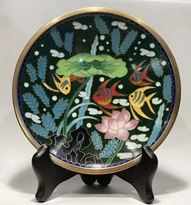 Cloisonne Enamel Bronze/ Metal 6" Plate Multicolor Fish Decor Vintage China Mark - Picture 1 of 11