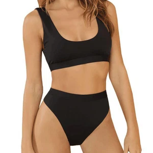 Women's Sports Style Low Scoop Crop High Waisted Two Pieces Bikini Sets Swimsuit - Picture 1 of 11