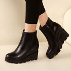 Womens Wedge Boots Patent Leather High Heels Round Toe Ankle Boot Side Zip Shoes