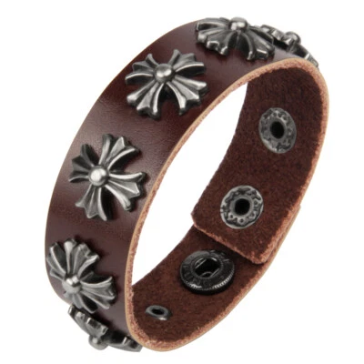 Pulseira de couro larga masculina feminina punk rock bracelete ajustável - Imagem 1 de 4