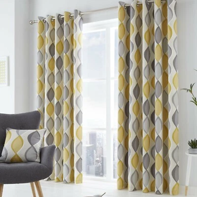 Lennox Grey & Yellow Eyelet Lined Curtains Sold & Priced per pair - Image 1 of 4
