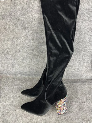 Botas Betsey Johnson para mujer talla 7,5 negras de terciopelo sobre la rodilla con joyas tacón bloque Foto 1 de 4