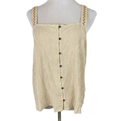 Roxy Womens Tank Top Size XL Brighten Beach Lights Striped Button Front Mustard - Image 1 of 4