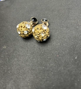 Vintage Rhinestone & Onyx Gold Tone Drop Ball Clip on Ann Vien Earrings - Picture 1 of 6