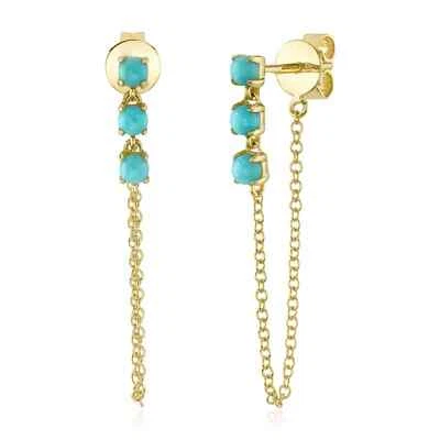 14K Solid Yellow Gold Turquoise Chain Earrings 0.55 CT - Image 1 of 4