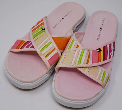 NUEVO (defecto) TOMMY HILFIGER Mujer Talla 7.5 Sandalias de Lona Zapatos Deslizables Rosa Foto 1 de 4