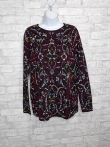 J Jill Knit Sweater Black Burgundy Printed Crew Neck Cotton Blend Pullover XS - Picture 1 of 16