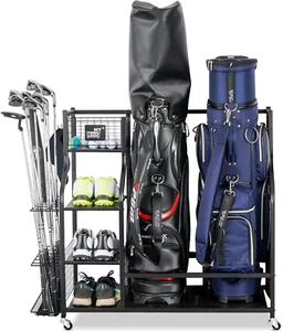 Golf Storage Garage Organizer 2 Golf Bag Stand Holder Club Rack Ball Cart - Picture 1 of 13