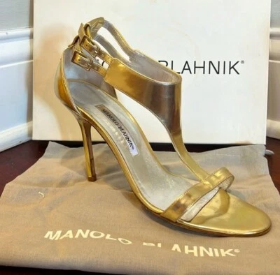 Модные туфли на каблуках с открытым носком Manolo Blahnik с золотым металлическим ремешком размер 7 - Изображение 1 из 4