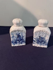 Delft Blue Decanter Jug Hand Painted Blue and God Accent Windmill theme Set of 2 - Picture 1 of 12